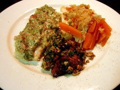 Grilled Fish with Parsley Ham Sauce, Steamed Vegetables & Steak Strips: Final Serve.
