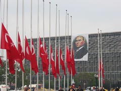 4338f Ataturk flags and banner at Taksim