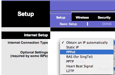 Selecting PPPoE on Linksys Router
