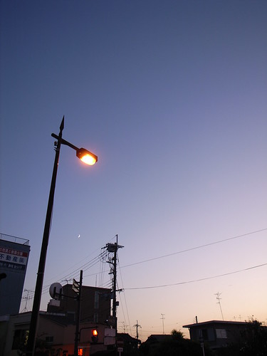 Twilight, streetlight, crescent moon