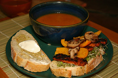 Sesame tempeh sandwich, with butternut squash soup