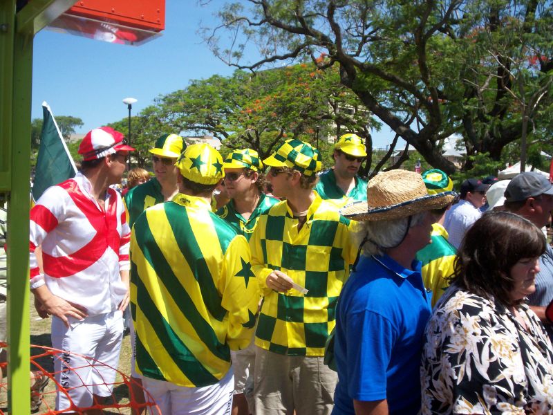 Ride that horse to victory! Australian and English fans in jockeys' silks - The Ashes 2006-7 - First Test - Atmosphere in town, outside the Gabba, and watching the game on a big screen at the 'beach' in Southbank.