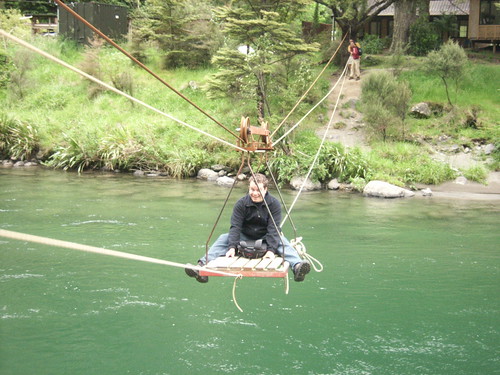 Pat being pulleyed over the river
