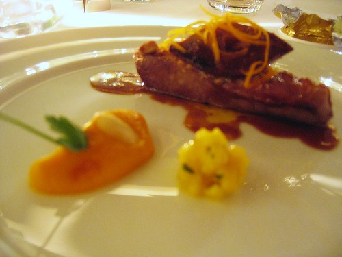Roasted duck breast crusted w/ sugared almonds, think carott puree w/ cumin, seared foied gras, juice w/ spices