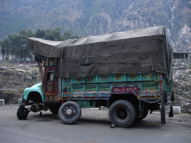 Bedford lorry with flat tyre in Besham on the Karakoram Highway