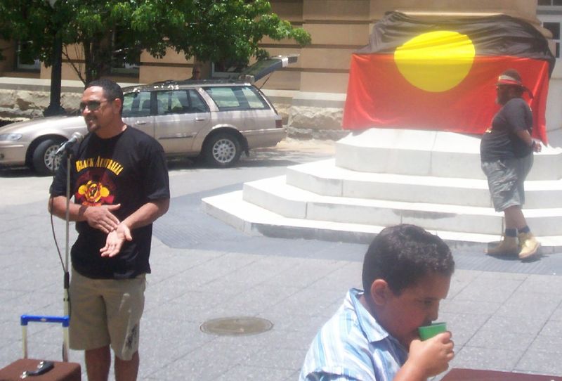 Alec Doomadgee, Mulrinji's brother, speaks to the rally - Justice for Mulrunji Rally at Queens Park and March through Brisbane City, Australia, November 18 2006