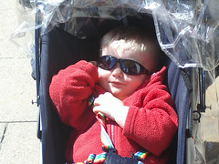 Bryn at eighteen months with sunglasses on, trying to be a cool dude