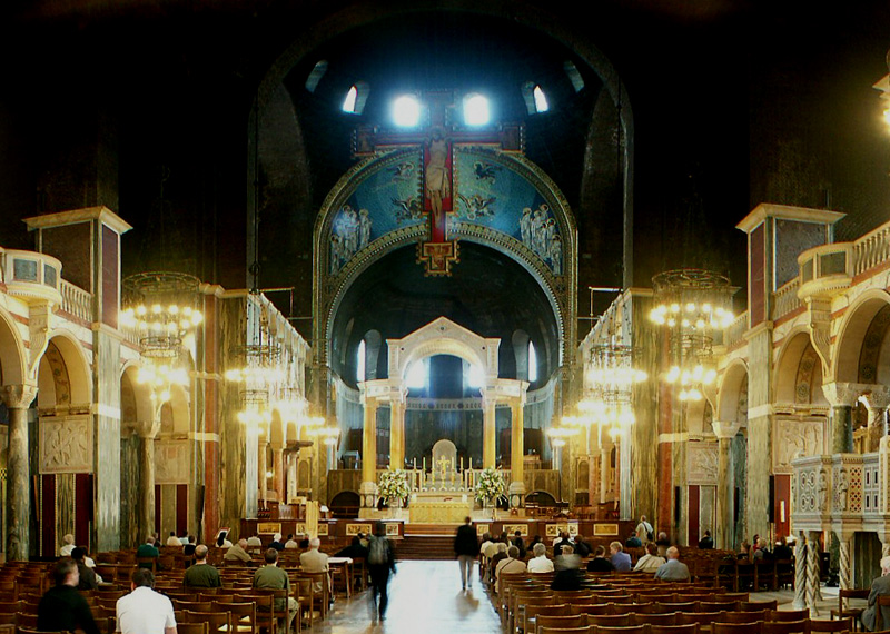 Interior Westminster Cathedral, London, showing the nave and high altar.