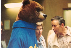 Mom and Dad talk to man in bear suit 1980