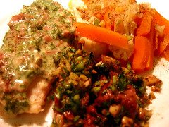 Grilled Fish with Parsley Ham Sauce, Steamed Vegetables & Steak Strips.