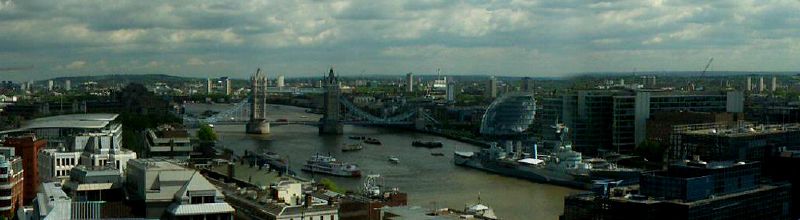 The Monument - view from top over the Thames to Tower Bridge, City Hall and HMS Belfast.