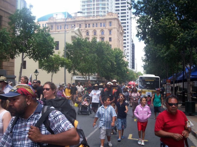 Body of the march on George St, just before the Queen St Mall - Justice for Mulrunji Rally at Queens Park and March through Brisbane City, Australia, November 18 2006