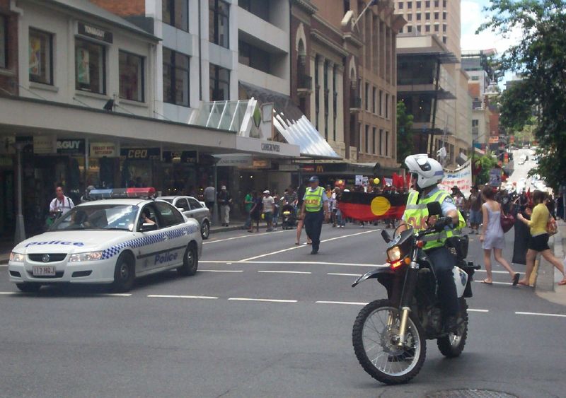 Police prepare to block Edward St and Elizabeth St interection - Justice for Mulrunji Rally at Queens Park and March through Brisbane City, Australia, November 18 2006