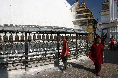 Monks turning the prayer wheels at Swayambunath, Kathmandu