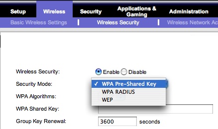 Options for wireless security on my Linksys router