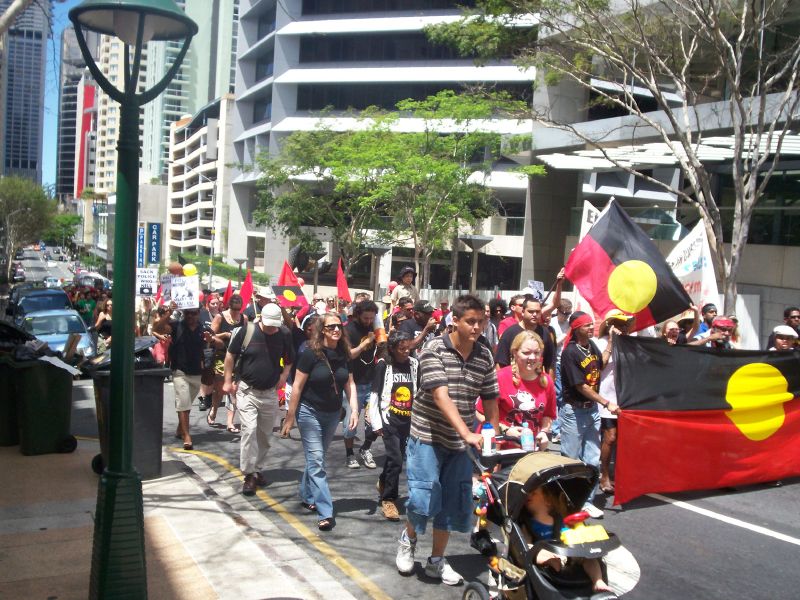 Van of the march approaches Archives Bookshop (out of frame on the left of the picture), Charlotte St - Justice for Mulrunji Rally at Queens Park and March through Brisbane City, Australia, November 18 2006
