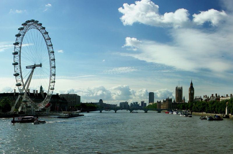 View from Hungerford Bridge in London showing London Eye and Palace of Westminster
