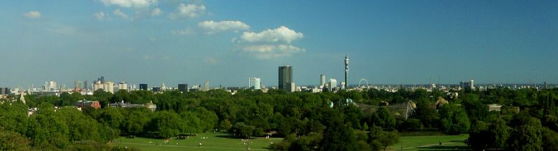 Primrose Hill in London, view over Regents Park, London Zoo and the rest of London