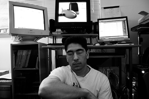 Self-Portrait in front of my Linux and Windows Computers