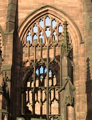 A view of the old Coventry Cathederal that has been left as a shell since being gutted by a bombing raid during World War II. 