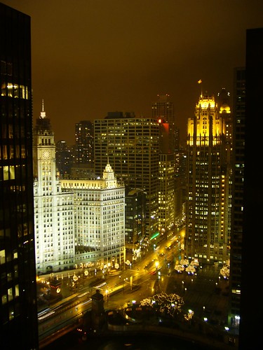 Wrigley Building and Chicago Tribune at night