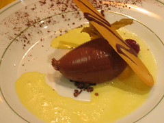 Chocolate delice with saffron sauce