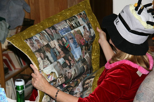 Mom admiring photo quilt