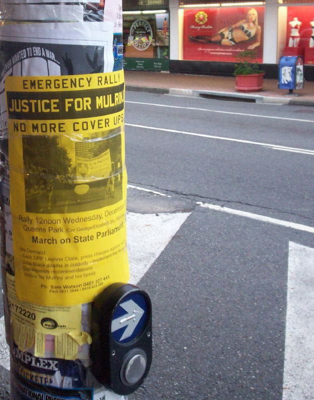 Poster on West End Traffic Light Pole - Dec 20 2006 Rally and March for Justice for Mulrunji, Queens Park to Queensland Parliament, Brisbane, Australia