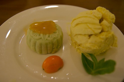 Green Tea Moon Cake with Red Beans and Ginger Icecream