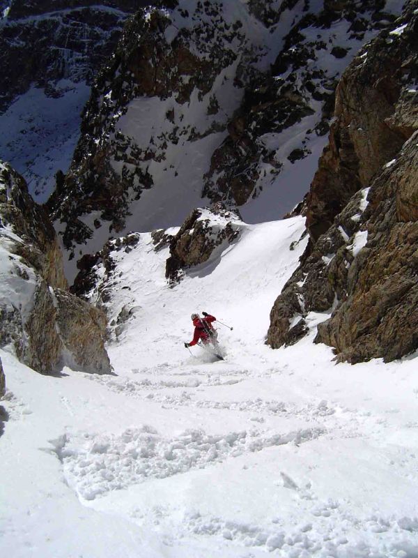 Reed Finlay skis the South Couloir of Teewinot
