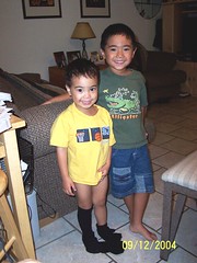 my favorite picture  of my boys: notice Troy's feet--he's wearing a sock on one foot and a GLOVE on the other!