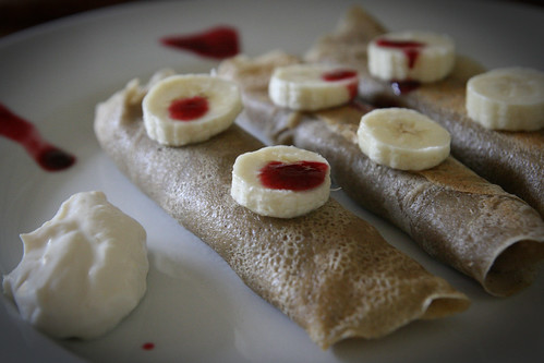 Apple Crepes with Soy Yogurt, Bananas and Blackberry Syrup