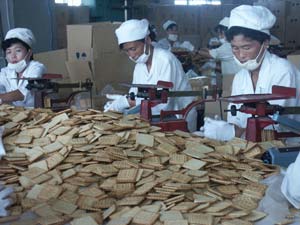 Workers at a WFP factory in North Korea produce high-energy biscuits.