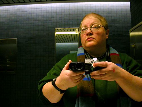 Self-portrait in a public restroom mirror