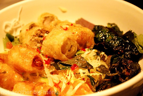 Bún Nem - ‘Spring Bowl’ of imperial and prawn spring rolls, grilled meat parcel on rice vermicelli and viet herbs salad £7