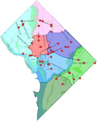 Map of red light camera locations, Washington, DC