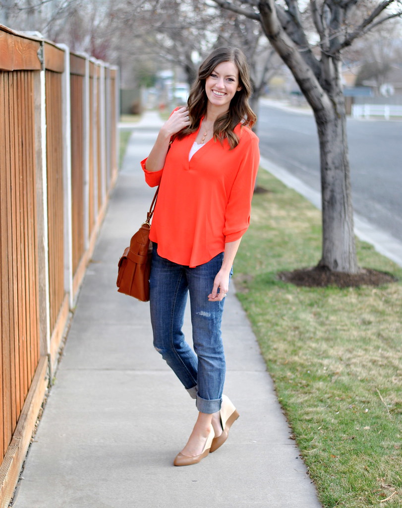 bright coral top + distressed jeans + nude wedges + JoTotes bag