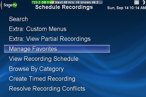 Schedule Recordings Menu in SageTV