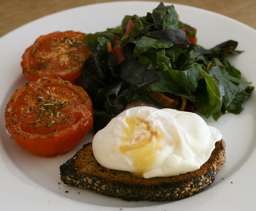 Poached Egg on Toast with Grilled Tomatoes and Rainbow Chard