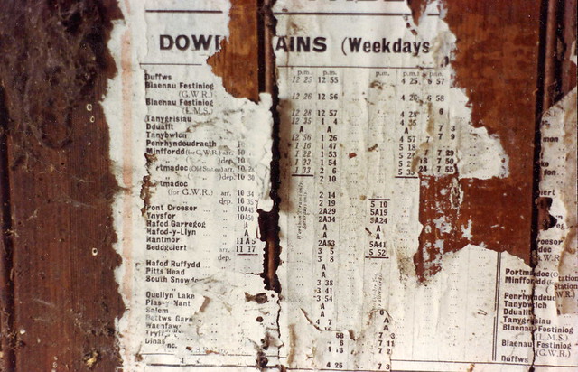  ... Railway - Timetable inside original Porthmadog station building 1987