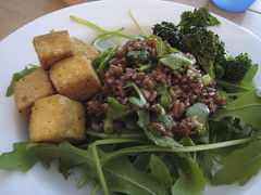 Sauteed Tofu, Red Rice Salad, Rocket, Broccoli