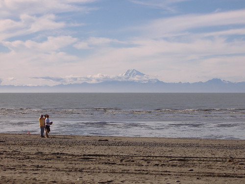 football on Kenai Beach with Redoubt in Background