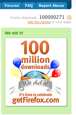 copie d'écran du site spreadfirefox.com indiquant 100 millions de téléchargements