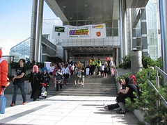Main entrance to Tamperetalo, people in cosplay costumes going in and out