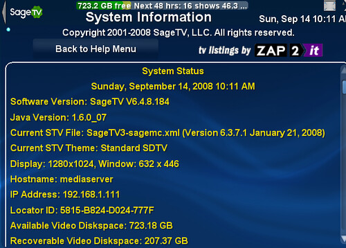 System Info Menu in SageTV