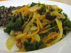 Curly Kale with Onions, Carrots, Raisins, Walnuts and Chili
