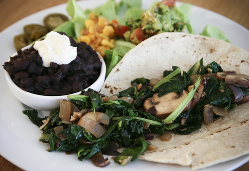 Mushroom and Spinach Taco with Black Beans, Guac and Corn Salsa