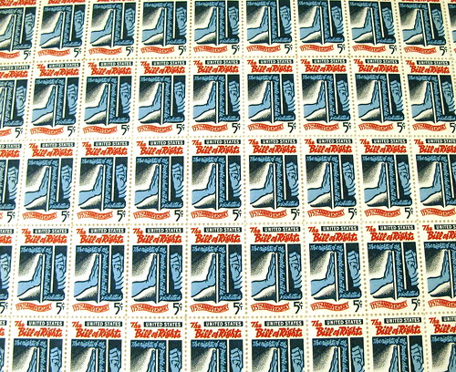 Five cent U.S. stamp sheet Bill of Rights 175th anniversary