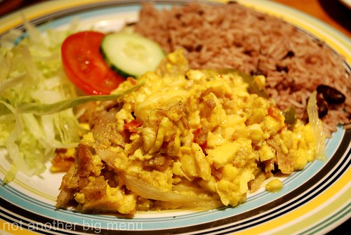 Jerk City - Ackee and saltfish with rice and peas £7 (salted cod fish with onions, sweet peppers and ackee, a fruit used as a vegetable)