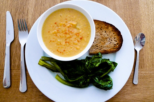 Split Pea Soup with Braised Spinach and Sourdough Bread
